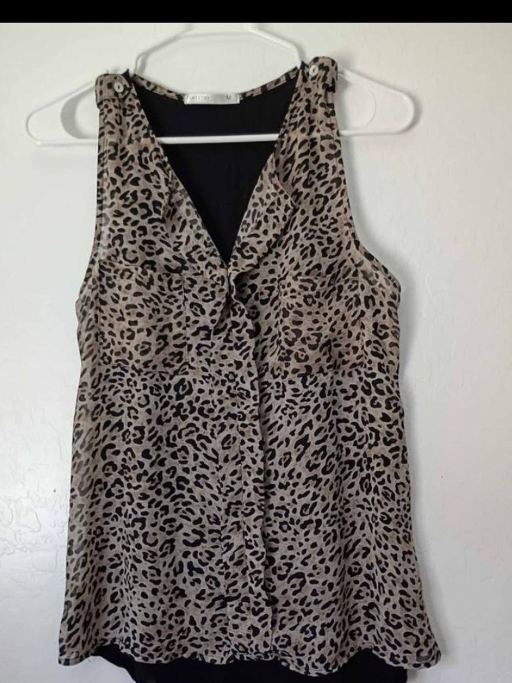 Le Femme Beige and Black Leopard Print Sleeveless Blouse